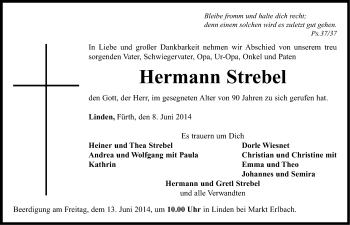 Traueranzeige von Hermann Strebel von Neustadt/ Scheinfeld/ Uffenheim