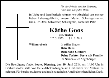 Traueranzeige von Käthe Goos von Neustadt/ Scheinfeld/ Uffenheim