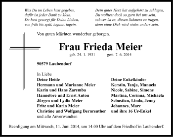 Traueranzeige von Frieda Meier von Neustadt/ Scheinfeld/ Uffenheim