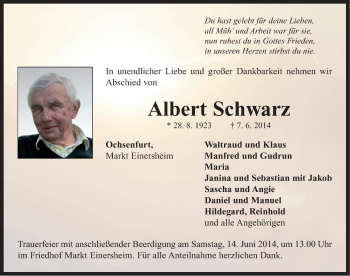 Traueranzeige von Albert Schwarz von Neustadt/ Scheinfeld/ Uffenheim