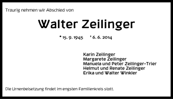 Traueranzeige von Walter Zeilinger von Ansbach