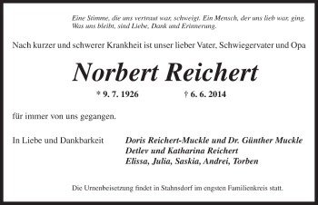 Traueranzeige von Norbert Reichert von Ansbach