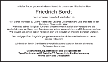 Traueranzeige von Friedrich Bordt von Dinkelsbühl/ Feuchtwangen
