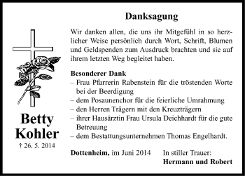 Traueranzeige von Betty Kohler von Neustadt/ Scheinfeld/ Uffenheim