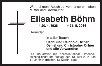 Traueranzeige von Elisabeth Böhm von Ansbach