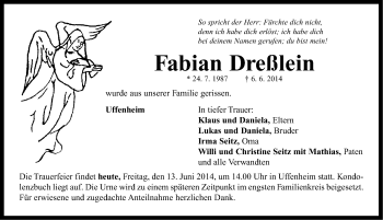 Traueranzeige von Fabian Dreßlein von Neustadt/ Scheinfeld/ Uffenheim