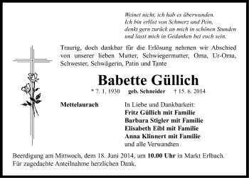 Traueranzeige von Babette Güllich von Neustadt/ Scheinfeld/ Uffenheim