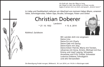 Traueranzeige von Christian Doberer von Dinkelsbühl/ Feuchtwangen