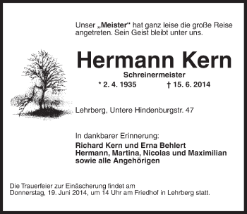 Traueranzeige von Hermann Kern von Ansbach