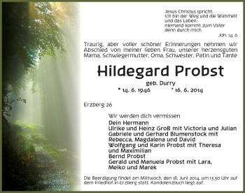 Traueranzeige von Hildegard Probst von Dinkelsbühl/ Feuchtwangen