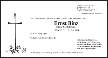 Traueranzeige von Ernst Binz von Ansbach