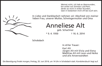 Traueranzeige von Anneliese Alt von Dinkelsbühl/ Feuchtwangen