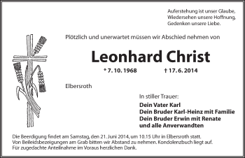 Traueranzeige von Leonhard Christ von Dinkelsbühl/ Feuchtwangen