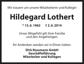 Traueranzeige von Hildegard Lothert von Ansbach