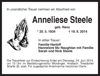 Traueranzeige von Anneliese Steele von Ansbach