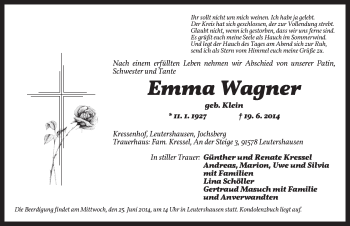 Traueranzeige von Emma Wagner von Ansbach