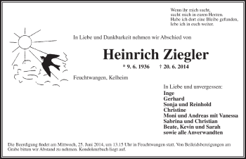 Traueranzeige von Heinrich Ziegler von Dinkelsbühl/ Feuchtwangen