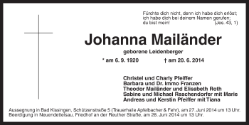 Traueranzeige von Johanna Mailänder von Ansbach