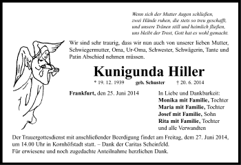 Traueranzeige von Kunigunda Hiller von Neustadt/ Scheinfeld/ Uffenheim