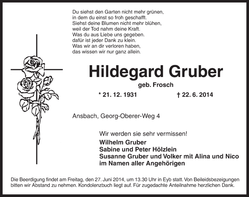  Traueranzeige für Hildegard Gruber vom 25.06.2014 aus Ansbach