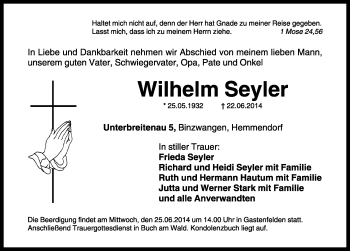 Traueranzeige von Wilhelm Seyler von Ansbach