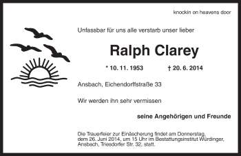 Traueranzeige von Ralph Clarey von Ansbach