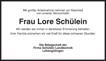 Traueranzeige von Lore Schülein von Dinkelsbühl/ Feuchtwangen