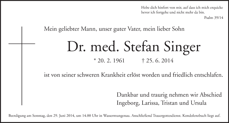  Traueranzeige für Stefan Singer vom 27.06.2014 aus Ansbach