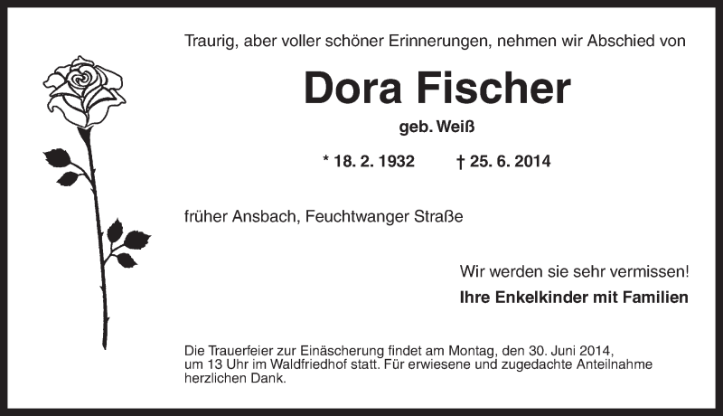  Traueranzeige für Dora Fischer vom 27.06.2014 aus Ansbach