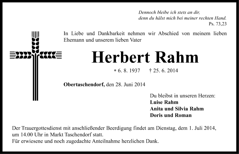  Traueranzeige für Herbert Rahm vom 28.06.2014 aus Neustadt/ Scheinfeld/ Uffenheim