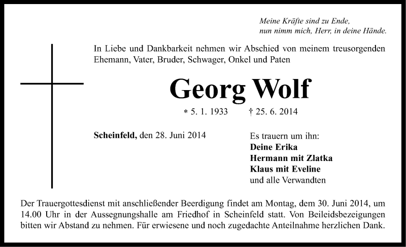  Traueranzeige für Georg Wolf vom 28.06.2014 aus Neustadt/ Scheinfeld/ Uffenheim