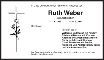 Traueranzeige von Ruth Weber von Ansbach