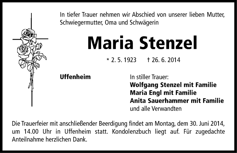  Traueranzeige für Maria Stenzel vom 28.06.2014 aus Neustadt/ Scheinfeld/ Uffenheim
