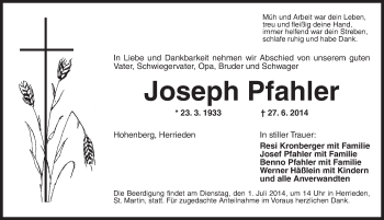 Traueranzeige von Joseph Pfahler von Ansbach
