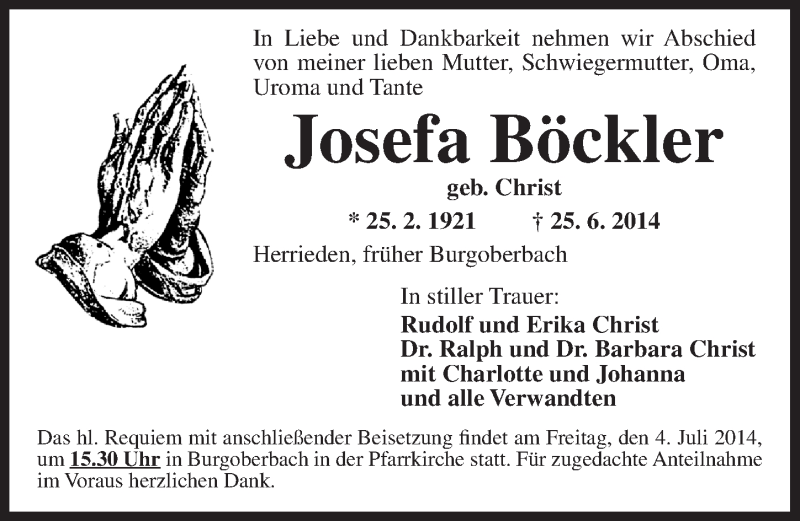  Traueranzeige für Josefa Böckler vom 02.07.2014 aus Ansbach