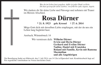 Traueranzeige von Rosa Dürner von Ansbach