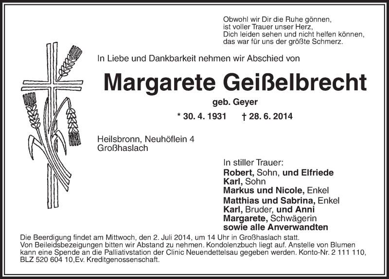  Traueranzeige für Margarete Geißelbrecht vom 01.07.2014 aus Ansbach
