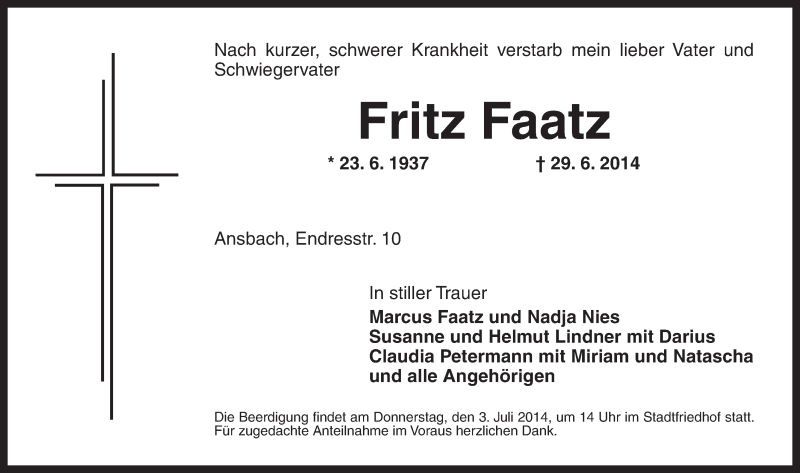  Traueranzeige für Fritz Faatz vom 02.07.2014 aus Ansbach