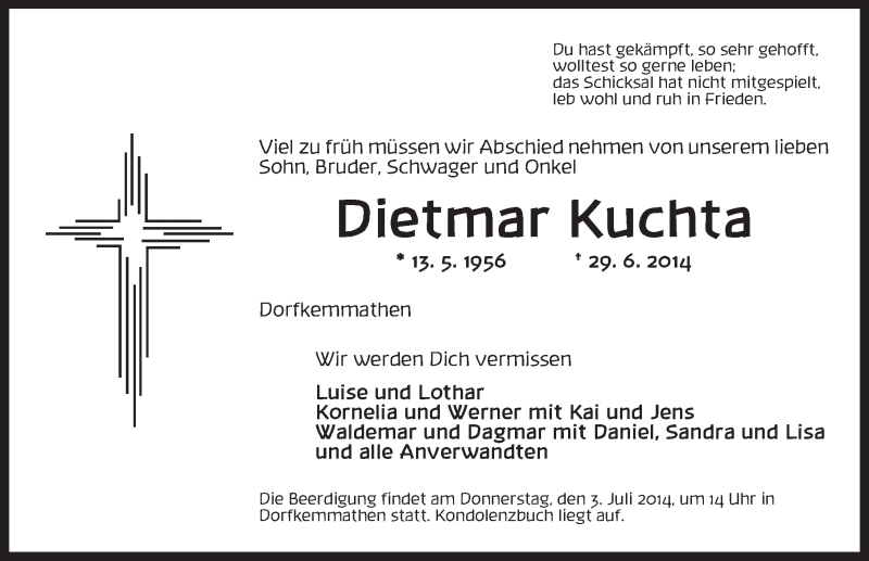  Traueranzeige für Dietmar Kuchta vom 02.07.2014 aus Dinkelsbühl/ Feuchtwangen