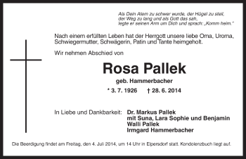 Traueranzeige von Rosa Pallek von Ansbach