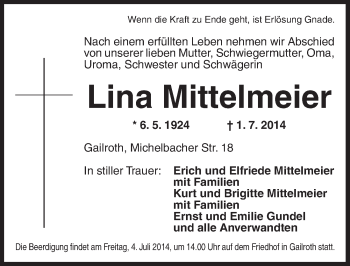 Traueranzeige von Lina Mittelmeier von Dinkelsbühl/ Feuchtwangen