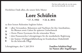 Traueranzeige von Lore Schülein von Dinkelsbühl/ Feuchtwangen