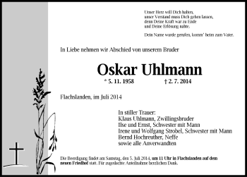 Traueranzeige von Oskar Uhlmann von Ansbach