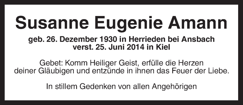  Traueranzeige für Susanne Eugenie Amann vom 05.07.2014 aus Ansbach