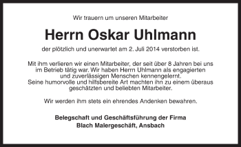 Traueranzeige von Oskar Uhlmann von Ansbach