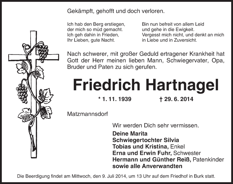  Traueranzeige für Friedrich Hartnagel vom 07.07.2014 aus Dinkelsbühl/ Feuchtwangen