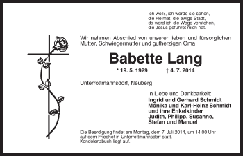 Traueranzeige von Babette Lang von Ansbach