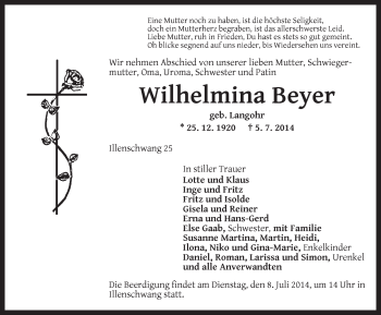 Traueranzeige von Wilhelmina Beyer von Dinkelsbühl/ Feuchtwangen