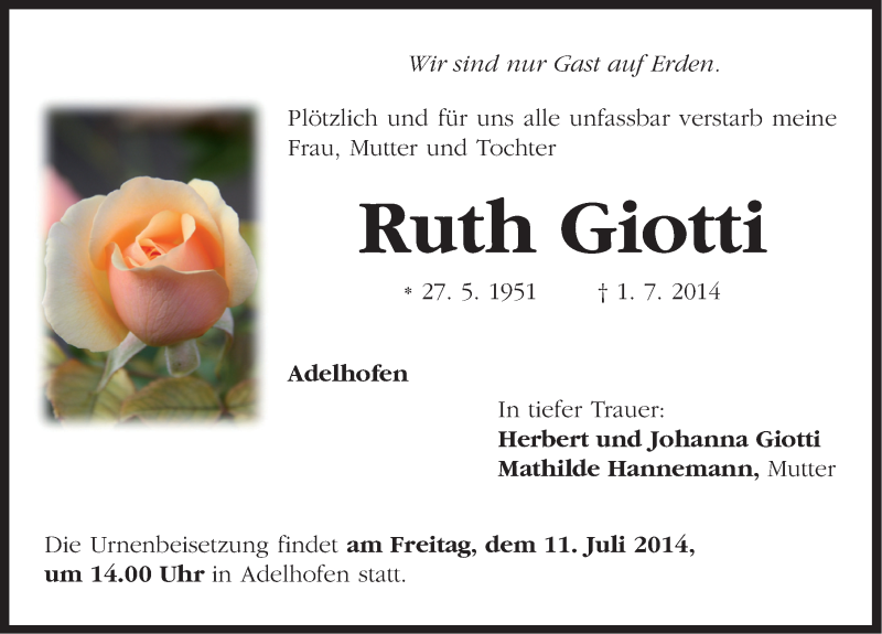  Traueranzeige für Ruth Giotti vom 08.07.2014 aus Neustadt/ Scheinfeld/ Uffenheim