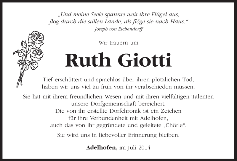  Traueranzeige für Ruth Giotti vom 08.07.2014 aus Neustadt/ Scheinfeld/ Uffenheim